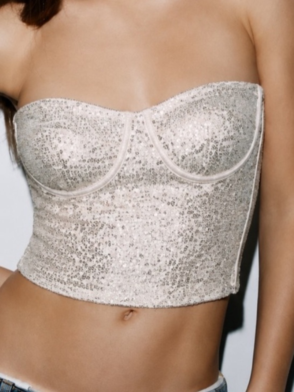 Zara Silver Sequin Strapless Bustier Crop Top